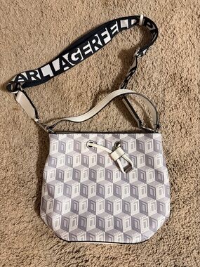 Karl Lagerfeld White and Gray Geometric Shoulder Bag with Logo Strap
